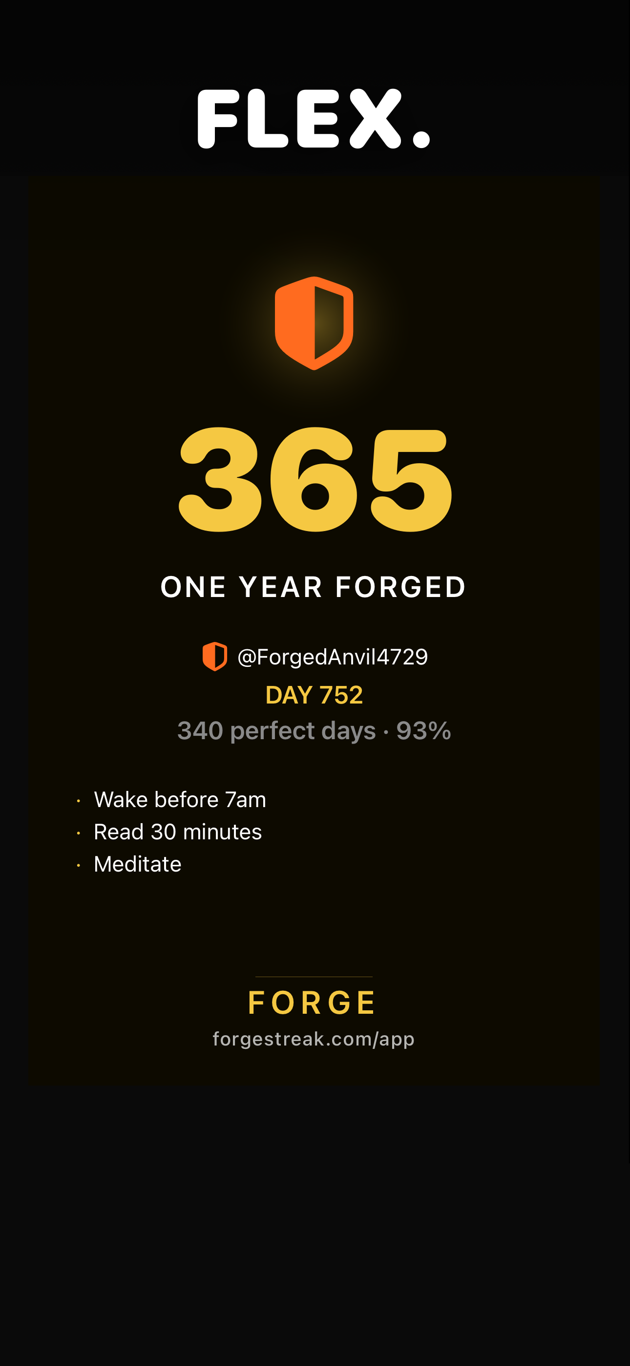 FORGE flex card preview showing tier badge, streak count, and discipline list